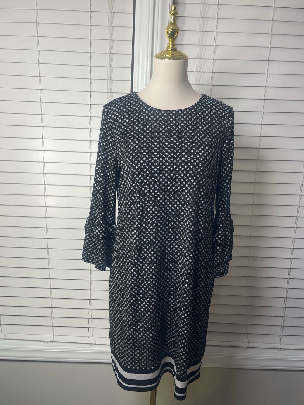 Michael Kors Navy and White Polka Dot Midi Dress with Stripe Hem